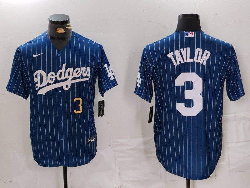 Men Los Angeles Dodgers 3 Taylor Blue Stripe Game 2024 Nike MLB Jersey style 2